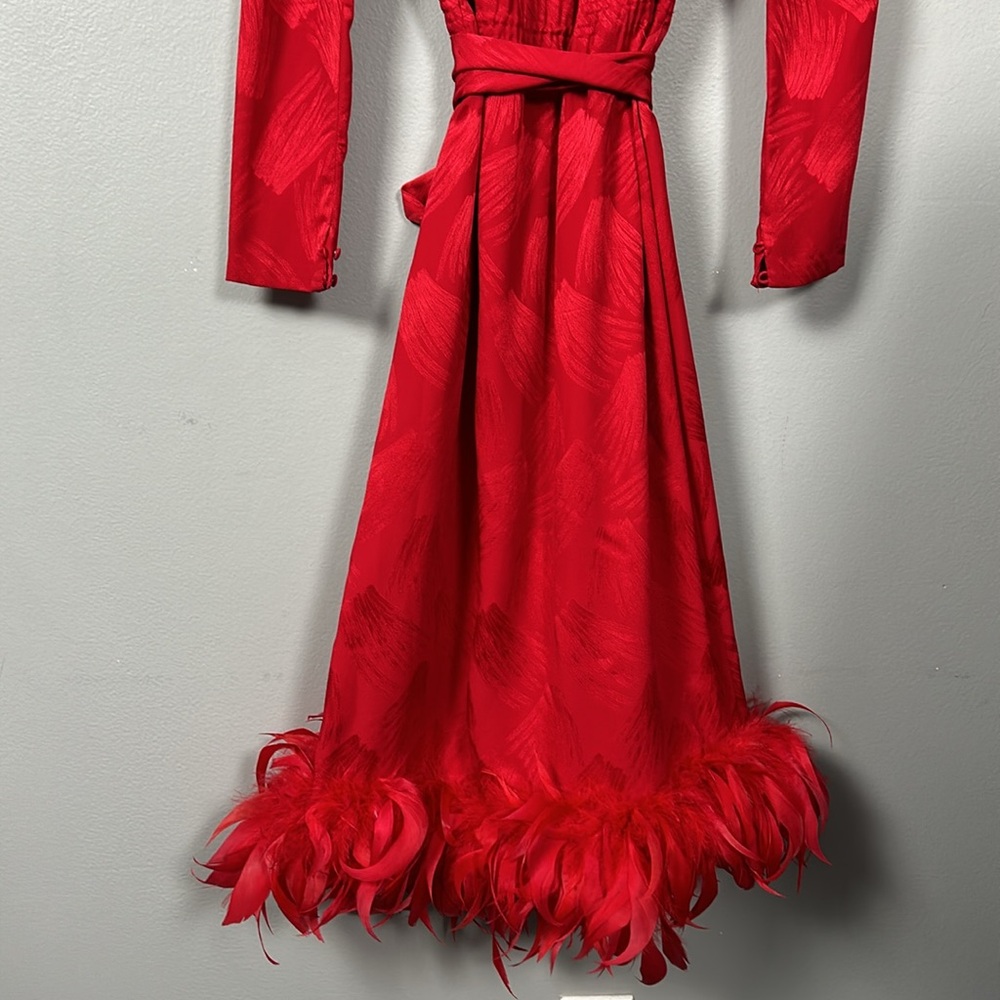 Vintage Women’s Silk Red Shift Dress Faux Feather Hem Necktie Slip on size S - Picture 6 of 17